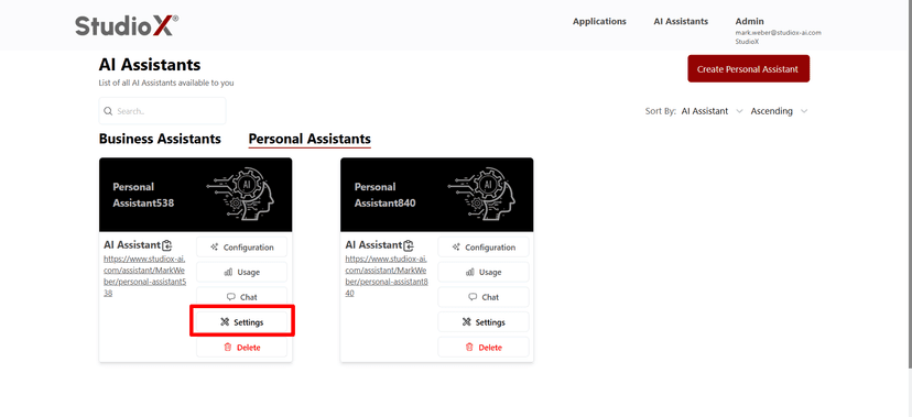 Personal Assistant settings button