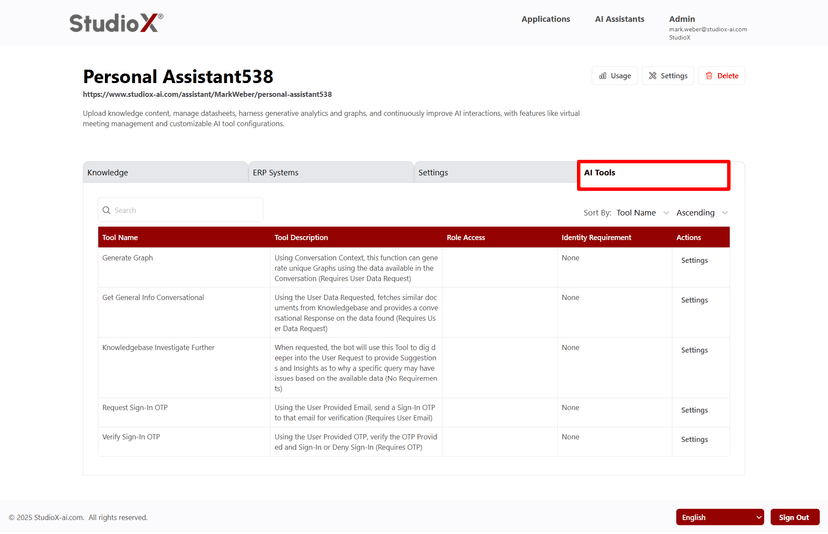 AI tools management interface
