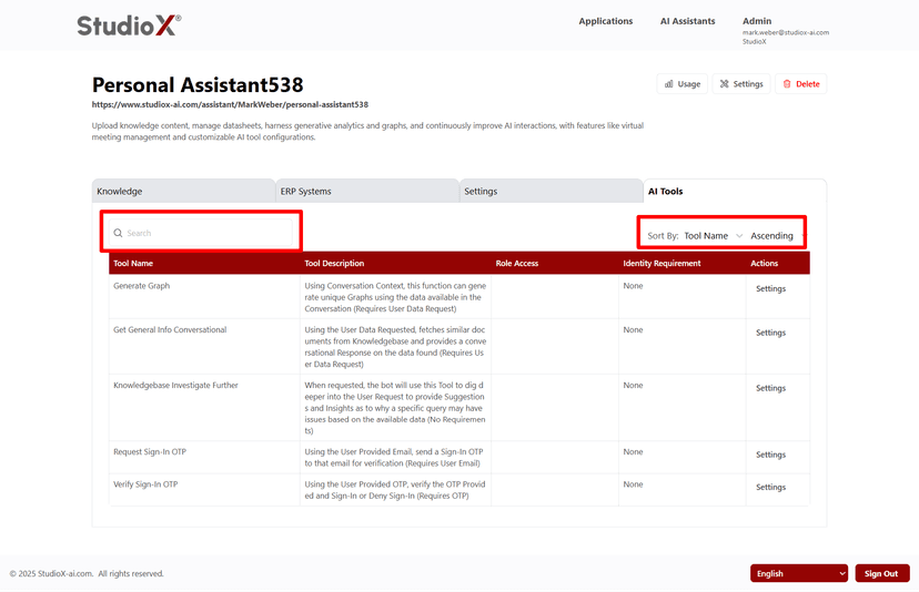 AI tools search and sort functionality