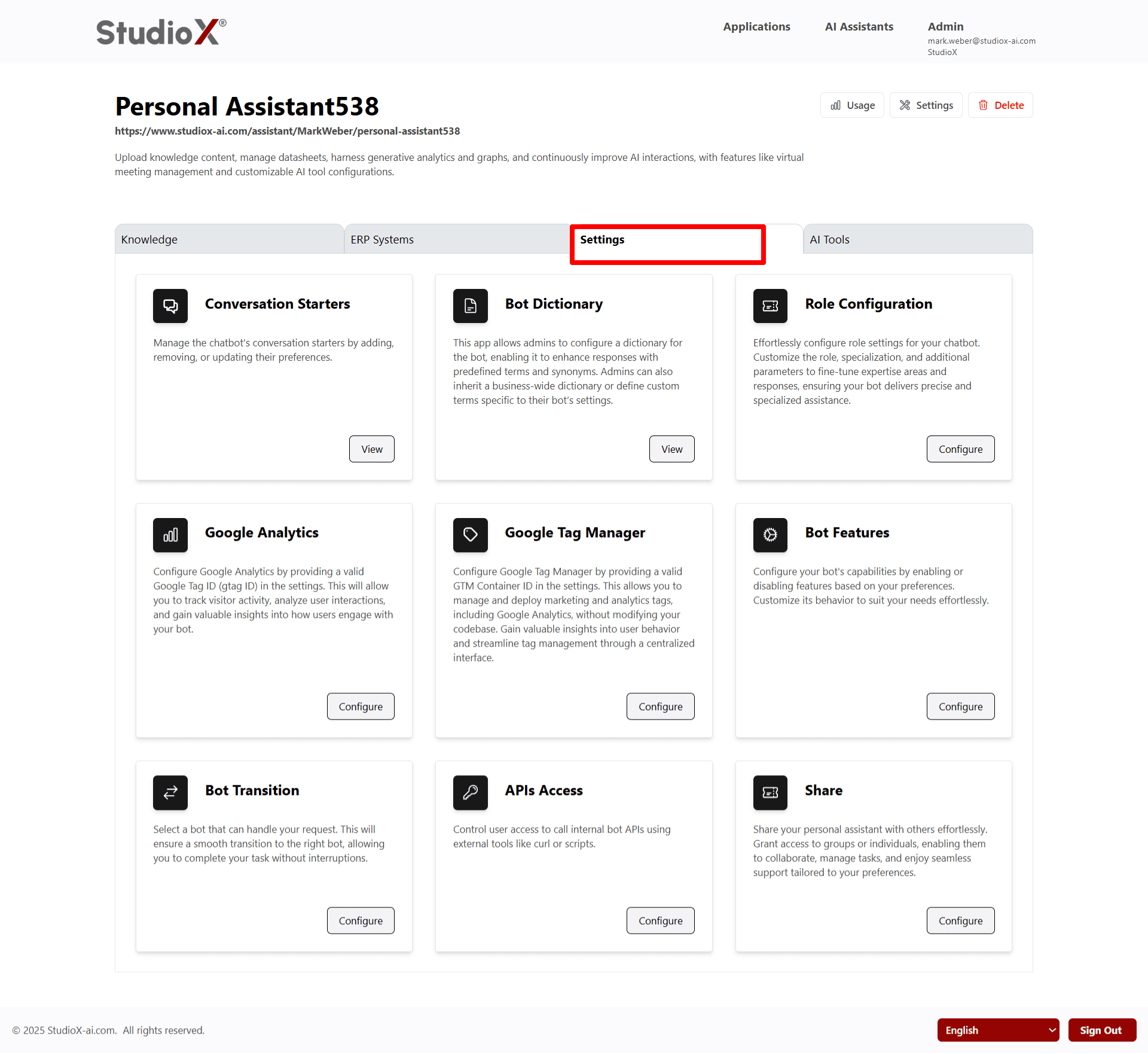 Settings configuration interface