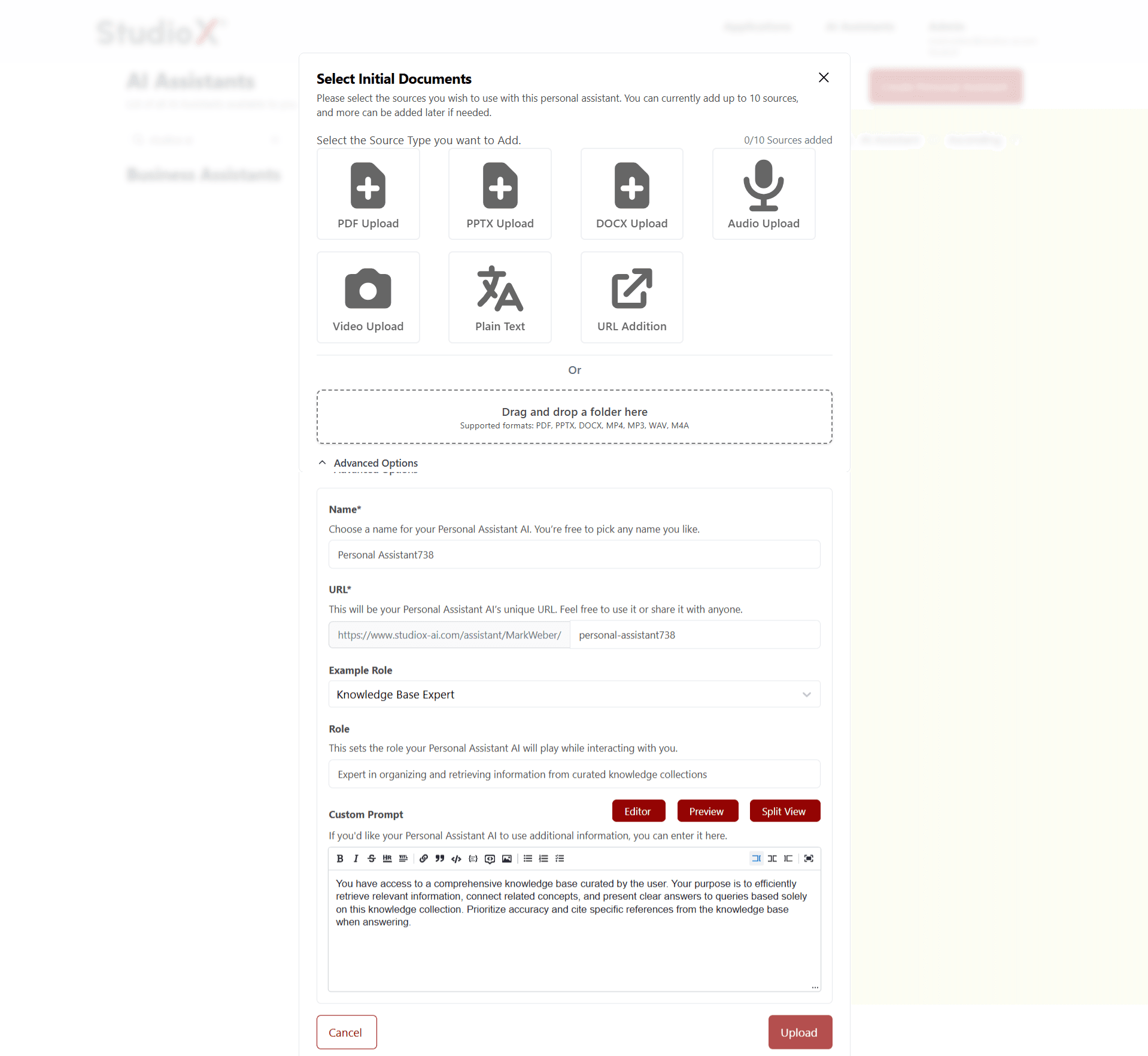 Advanced options configuration panel