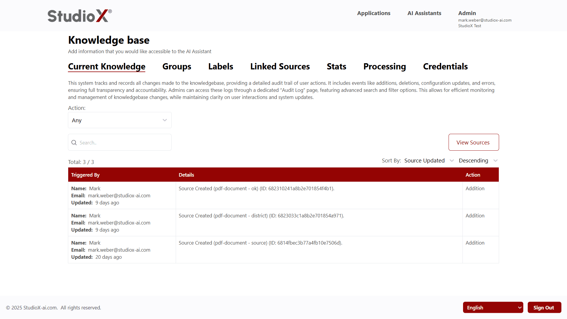 Audit log showing tracked user actions and changes