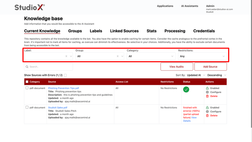 Filter controls for organizing knowledge sources