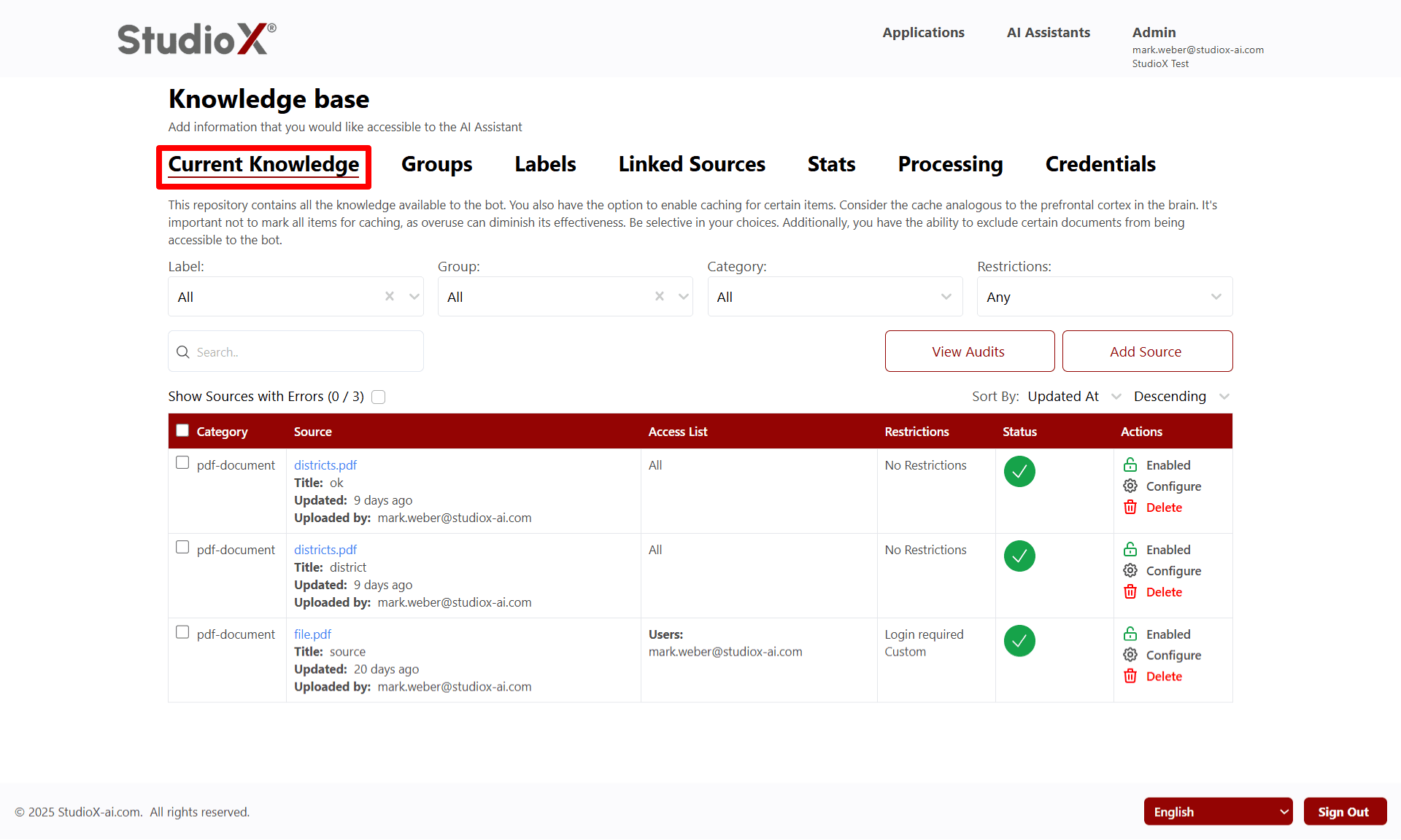 Knowledge base interface showing current knowledge management