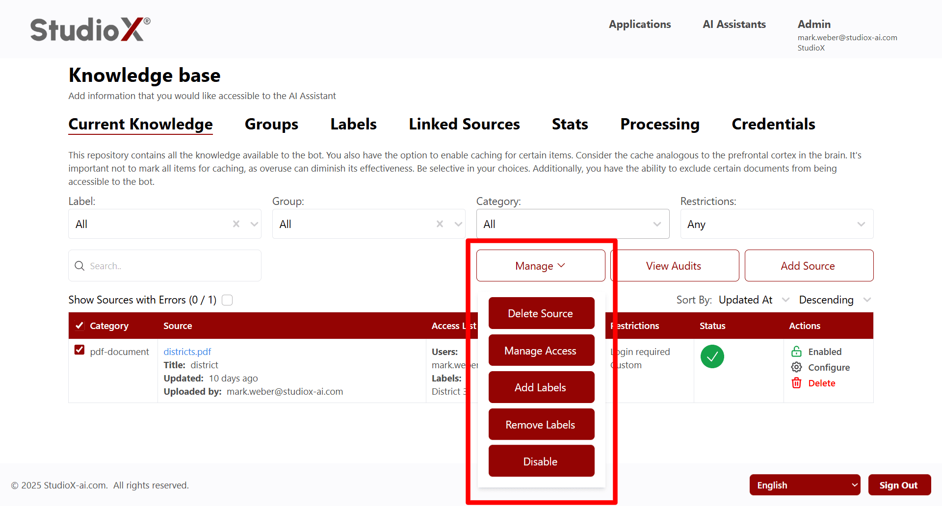 Manage dropdown menu with bulk actions