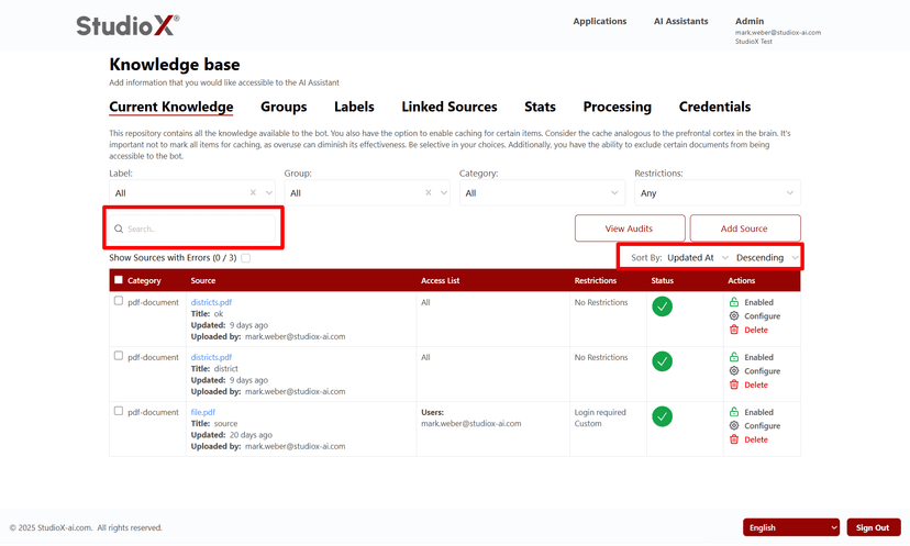 Search and sort functionality interface