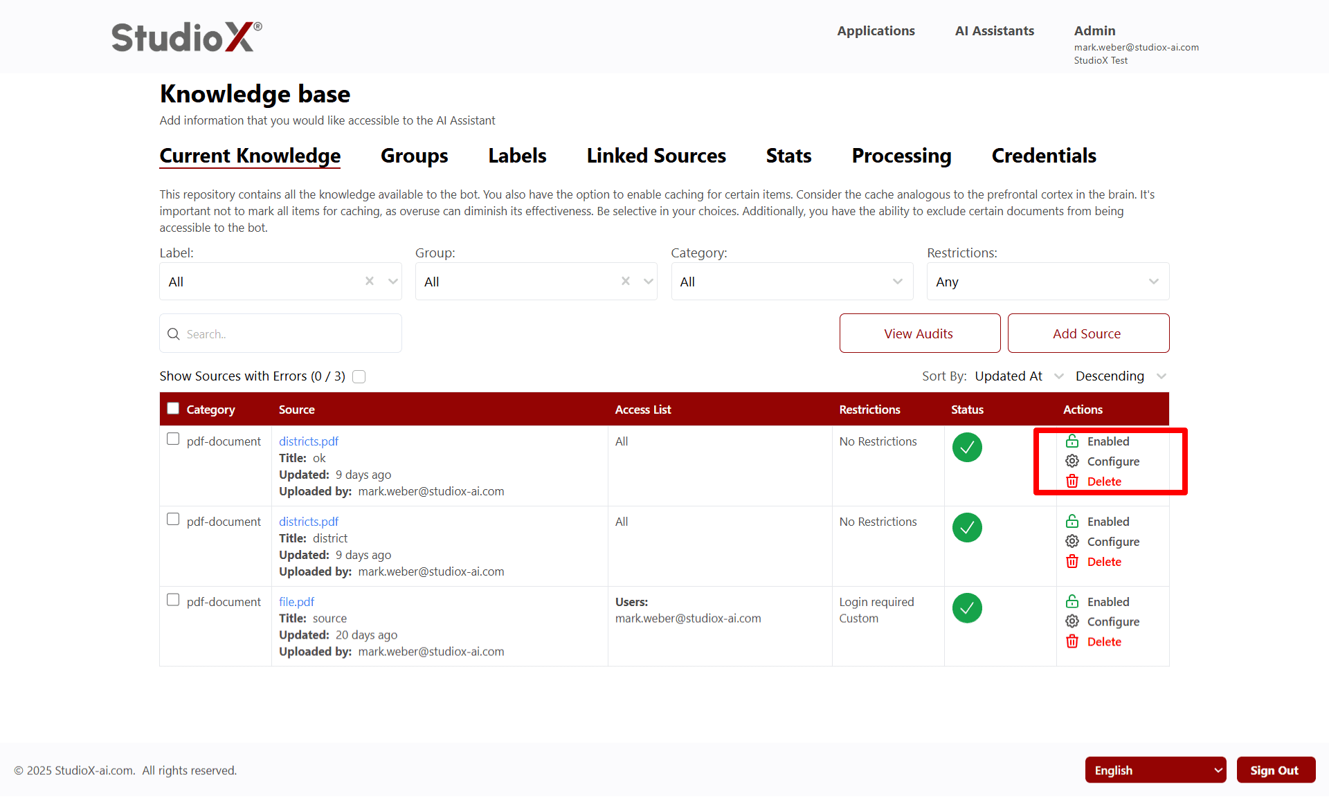 Individual source action options