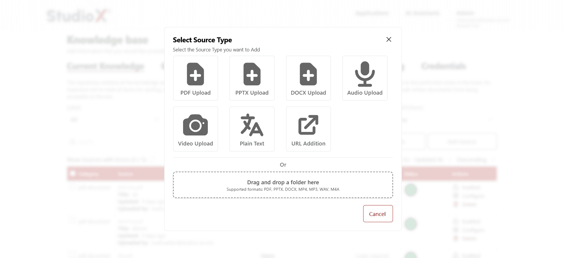 Source type selection dialog for uploading content
