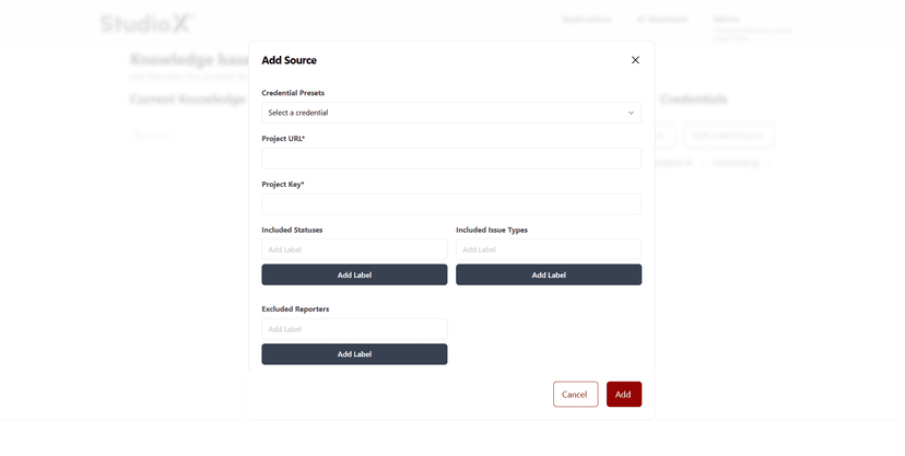 JIRA source configuration with project details and filters