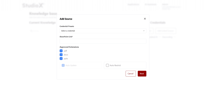 SharePoint source configuration with base URL and labels