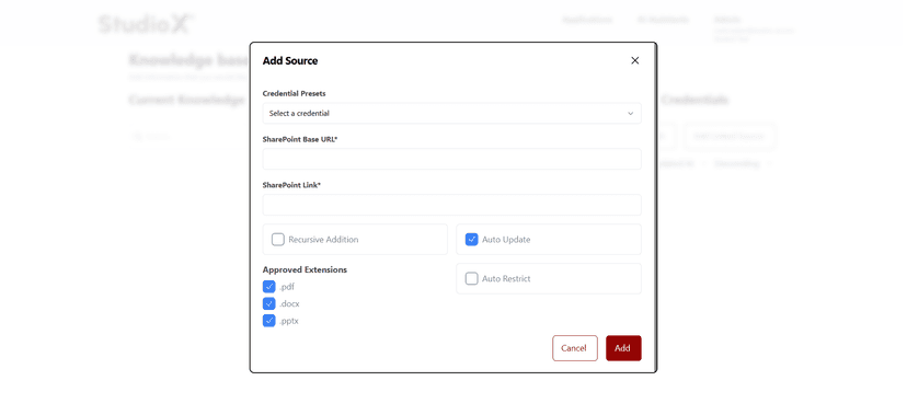 Advanced SharePoint configuration with file type filters and options