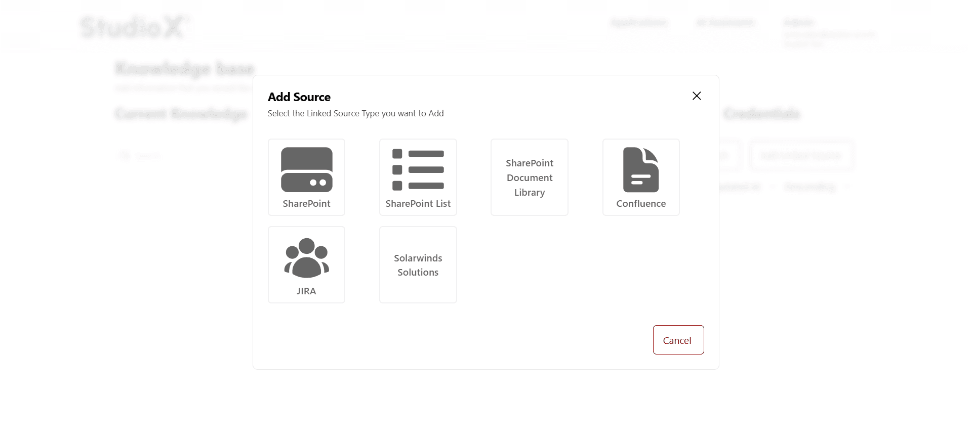 Linked source type selection showing available integrations