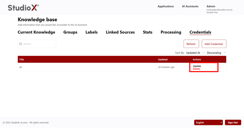 Available actions for managing stored credentials