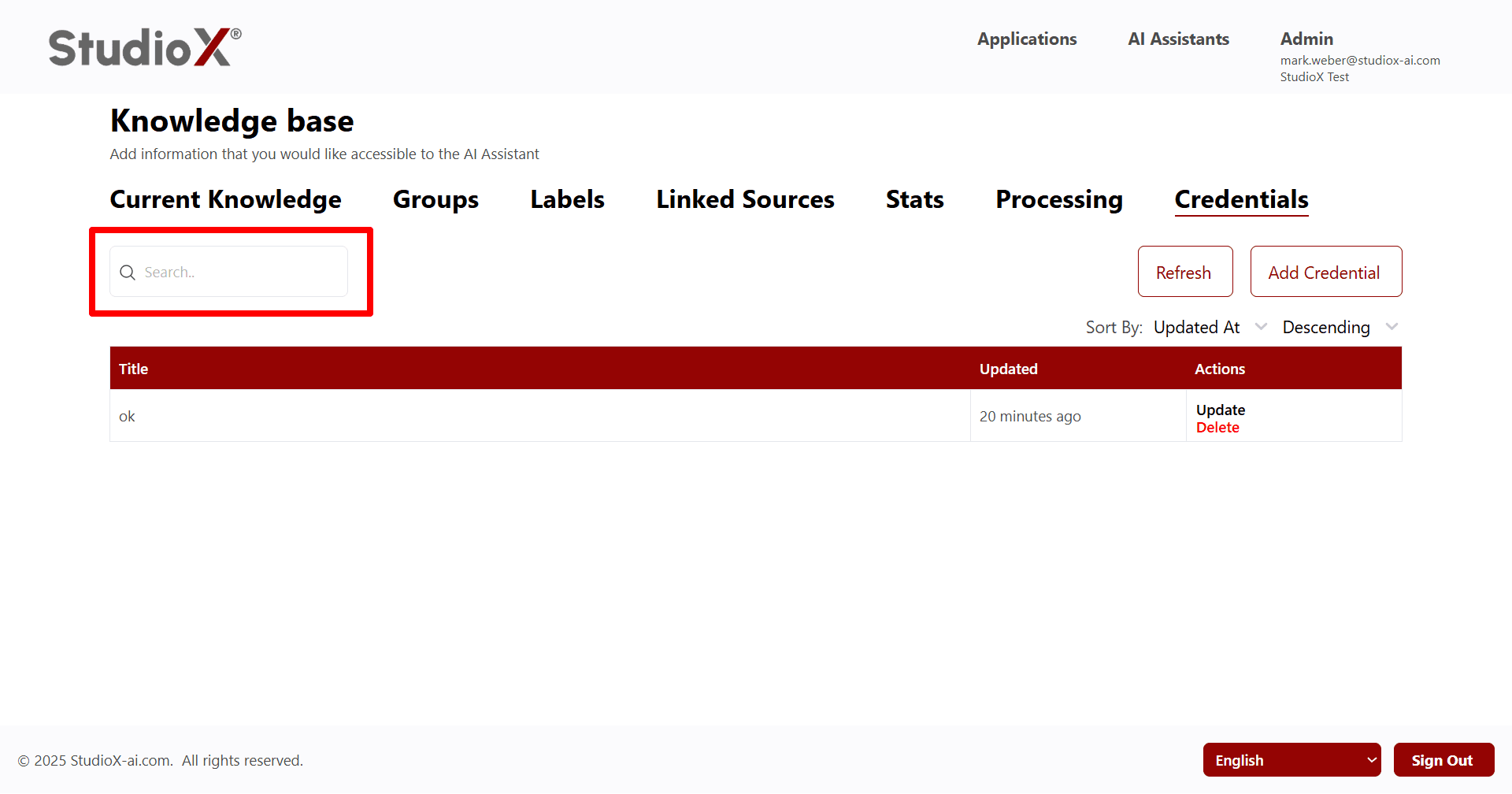 Credentials management interface for authentication setup