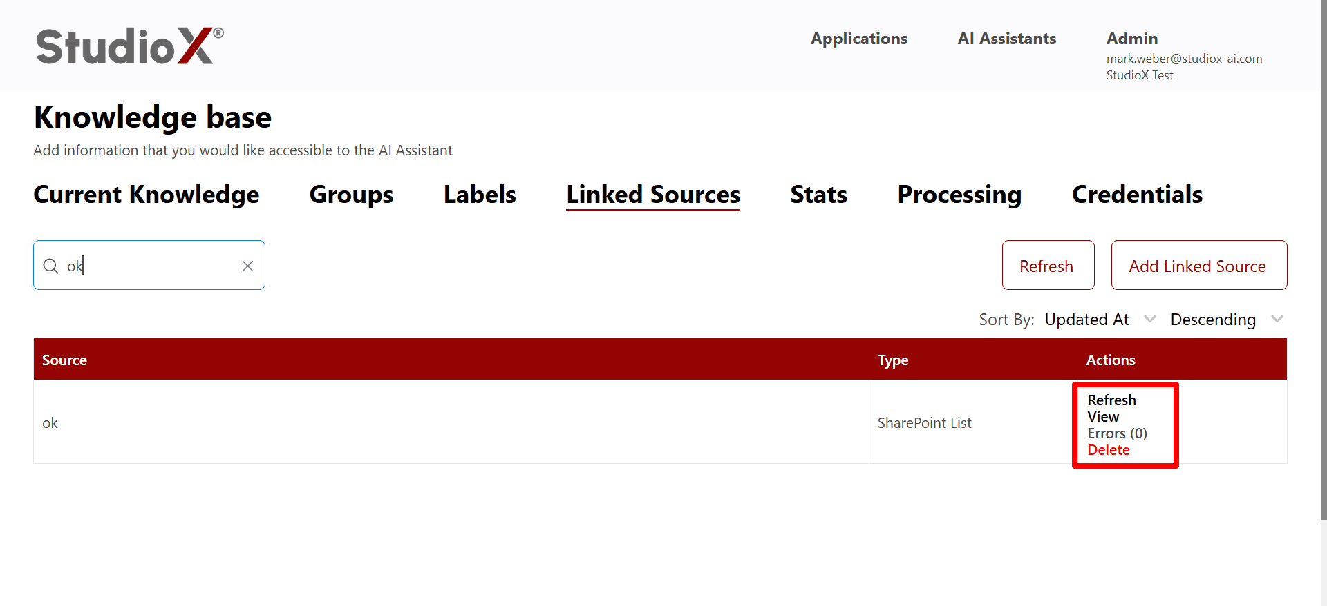 Available actions for managing individual linked sources