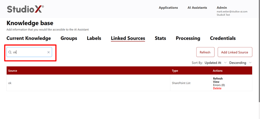 Search functionality for finding specific linked sources