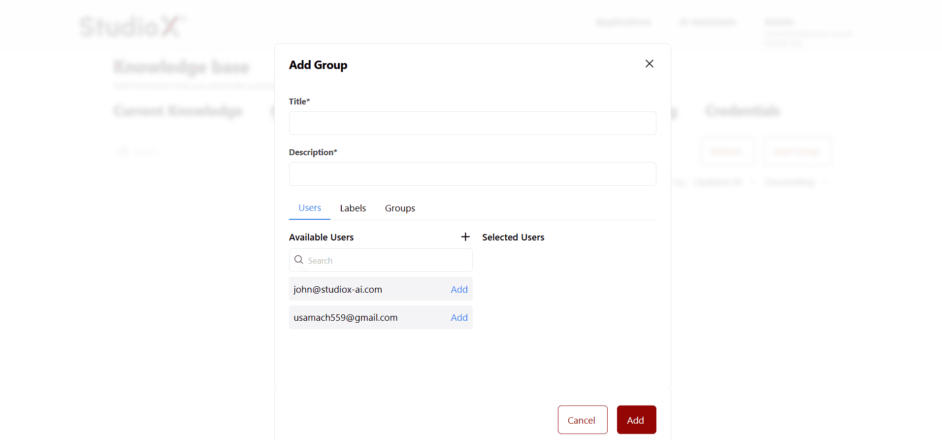 Dialog for creating a new group with user selection