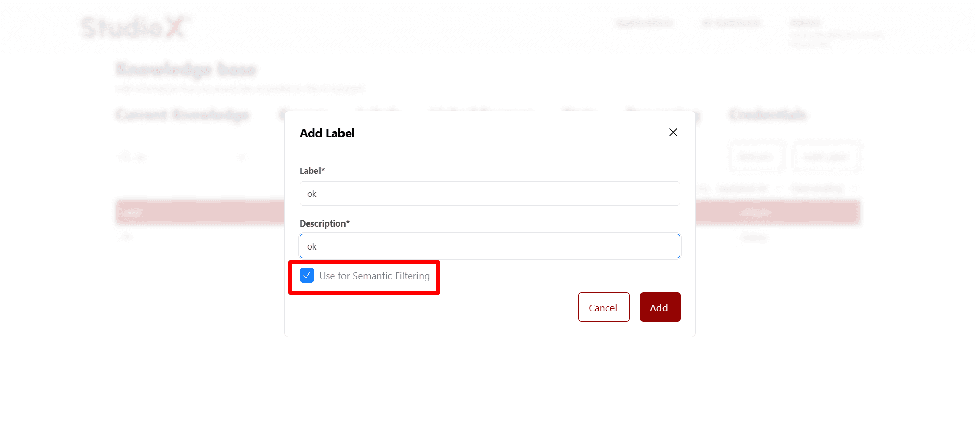 Dialog for creating a new label with semantic filtering option