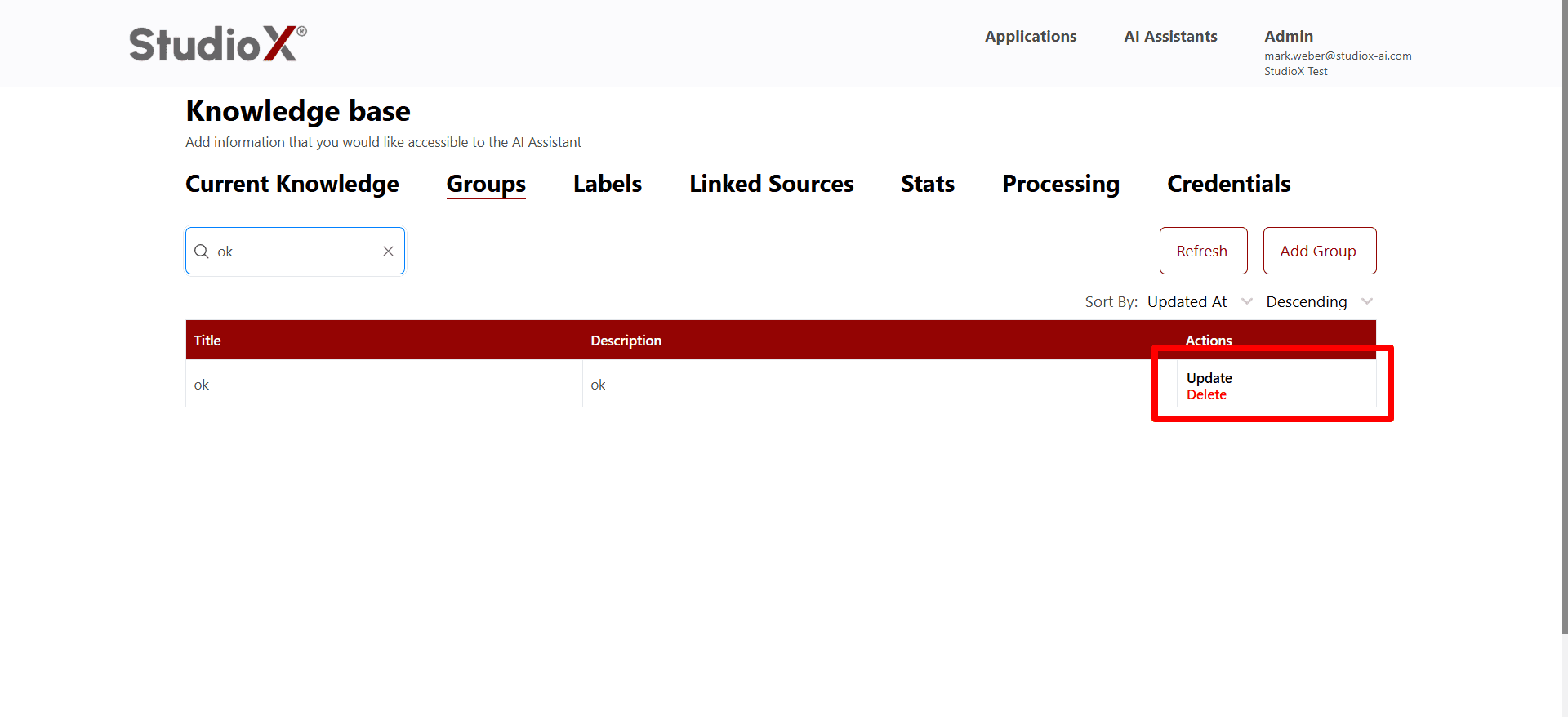Available actions for managing individual groups
