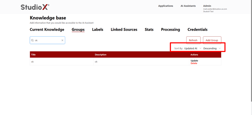 Sort options for organizing groups by different criteria