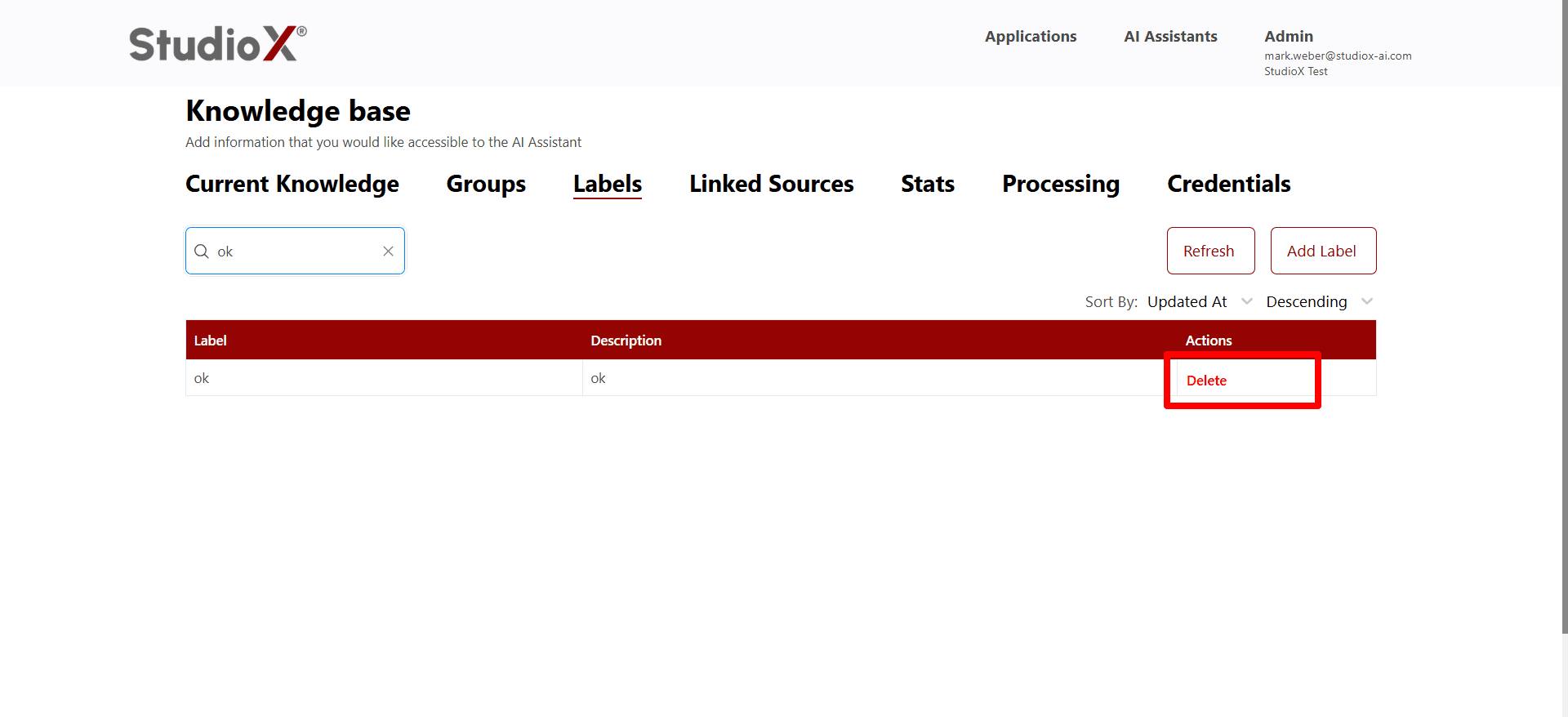 Delete action available for label management