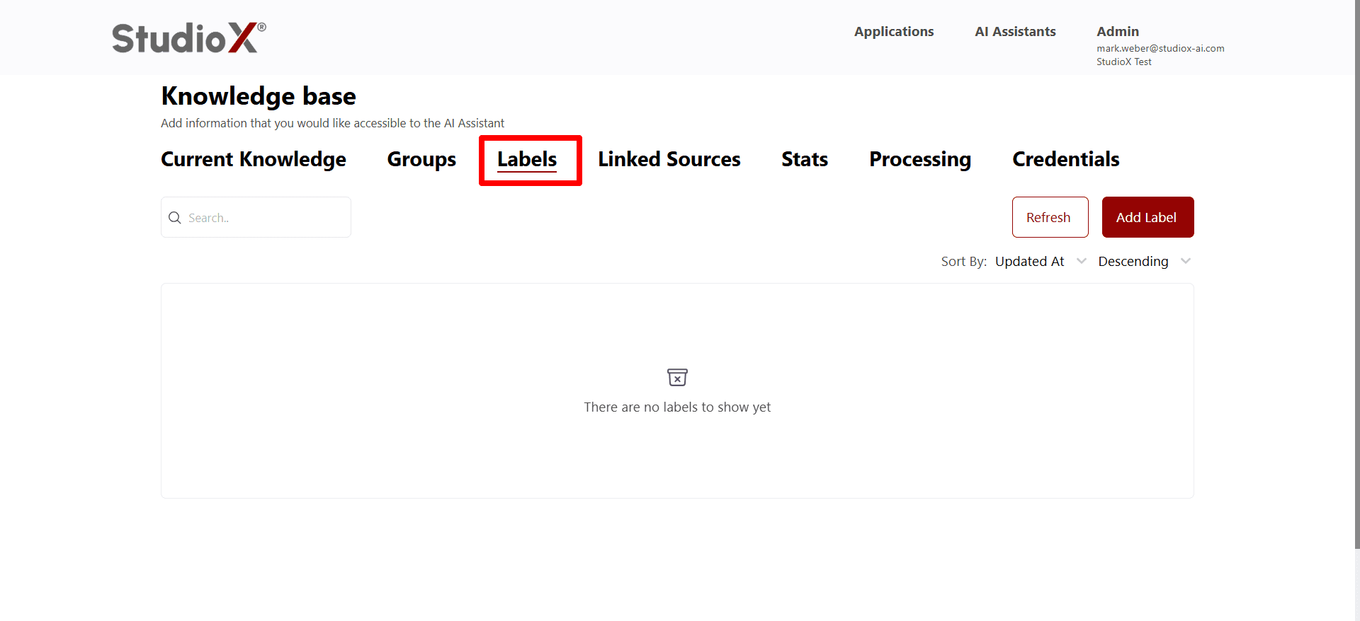 Labels management interface showing available labels