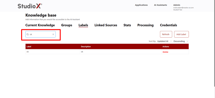 Search functionality for finding specific labels