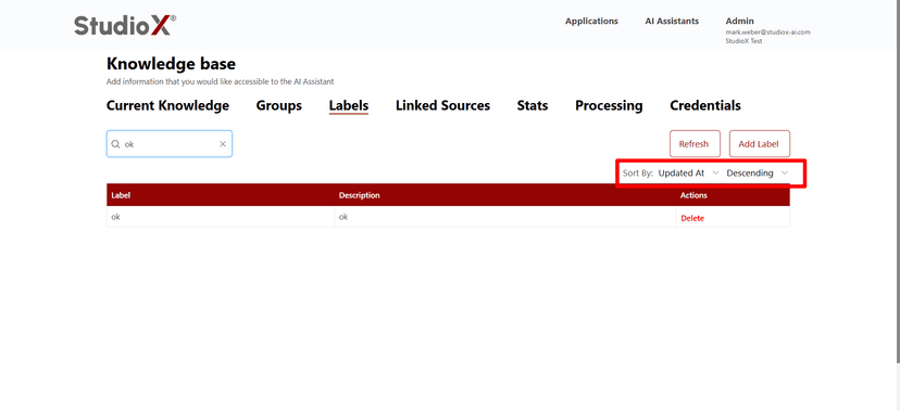 Sort options for organizing labels by different criteria