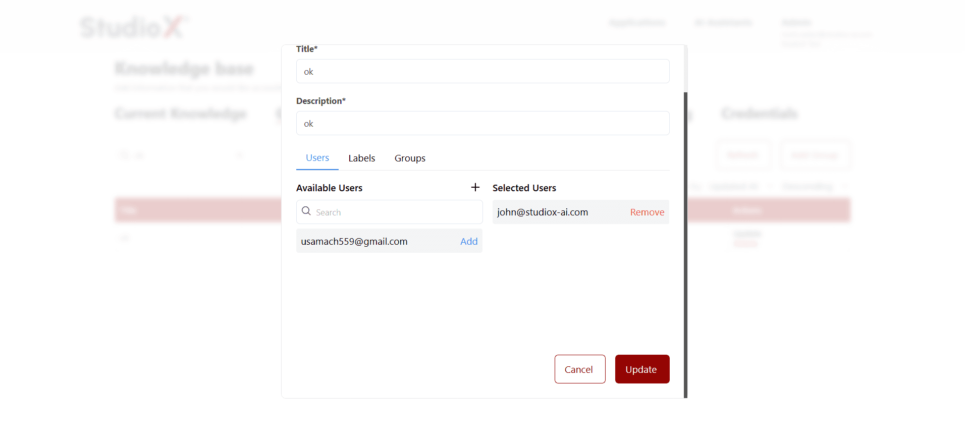 Dialog for updating existing group details and membership
