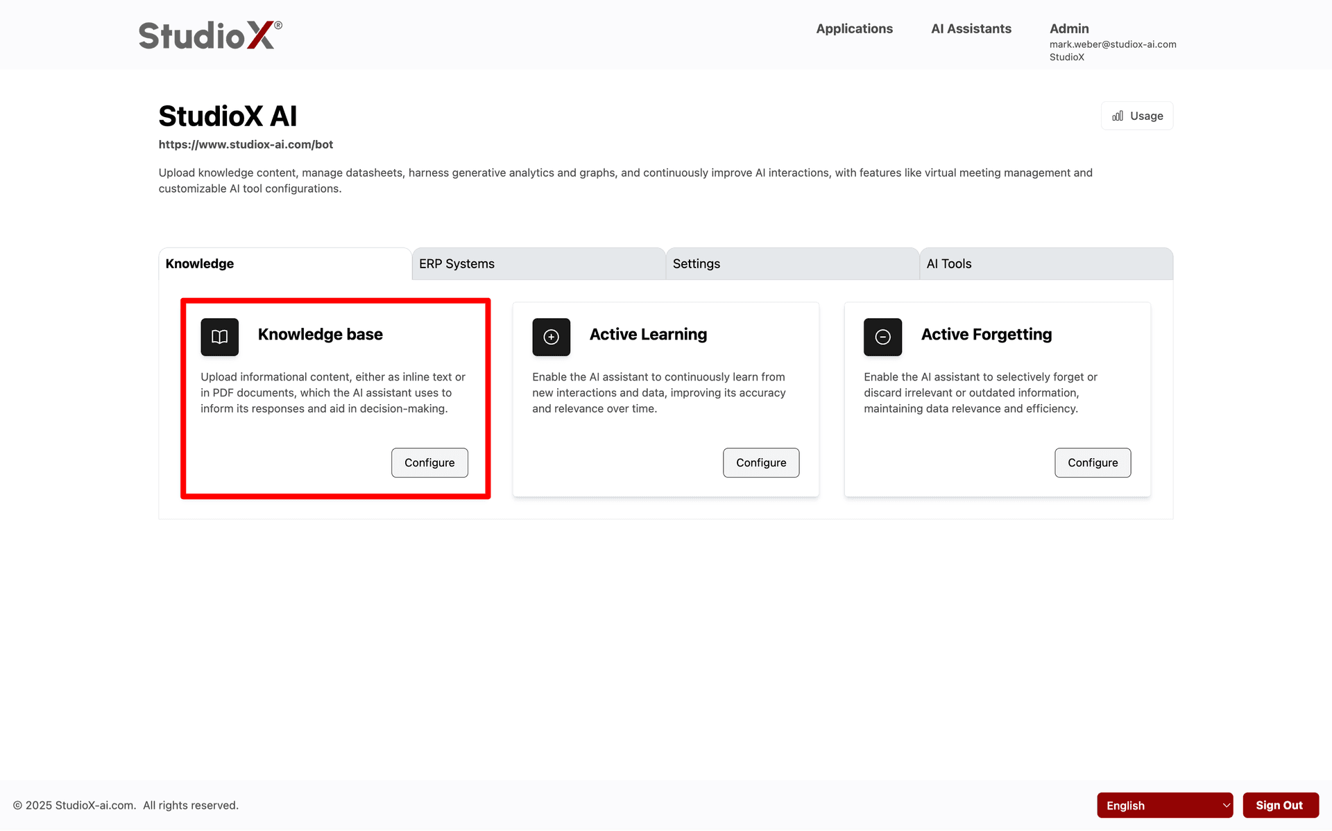 Knowledge base interface showing current knowledge management