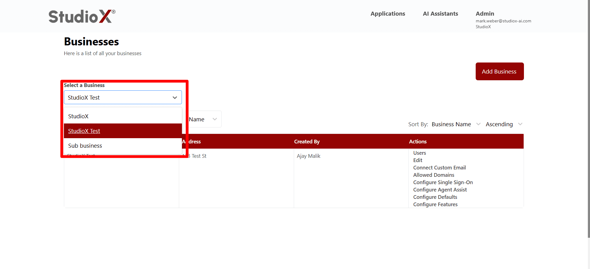 Business Selection Dropdown