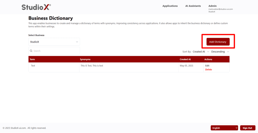 Add Dictionary Button