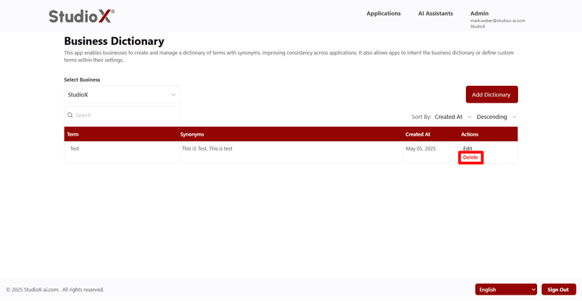 Delete Dictionary Button