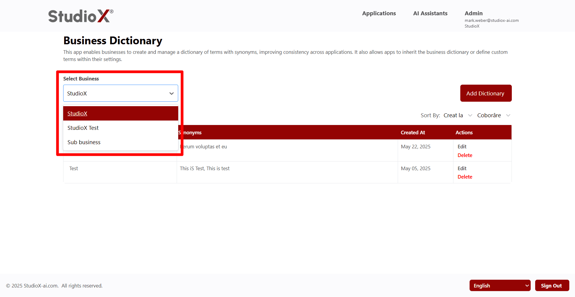 Business Selection Dropdown