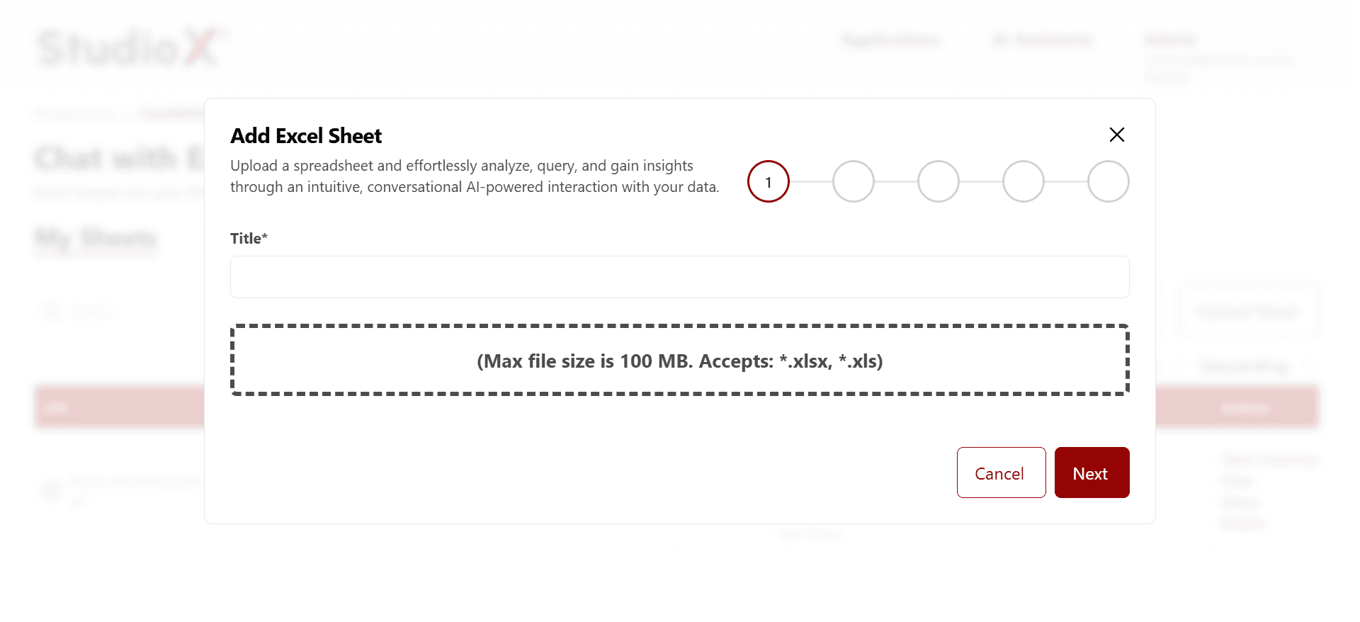 Upload Excel sheet dialog