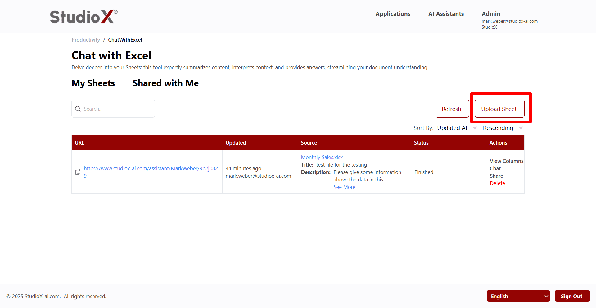Chat with Excel main interface
