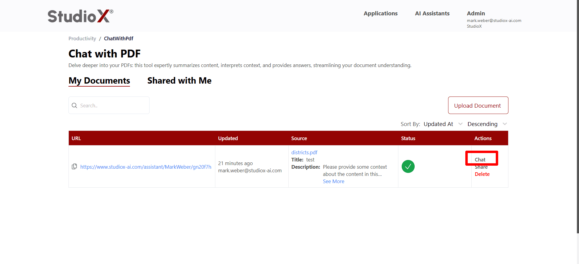 Chat interface with document