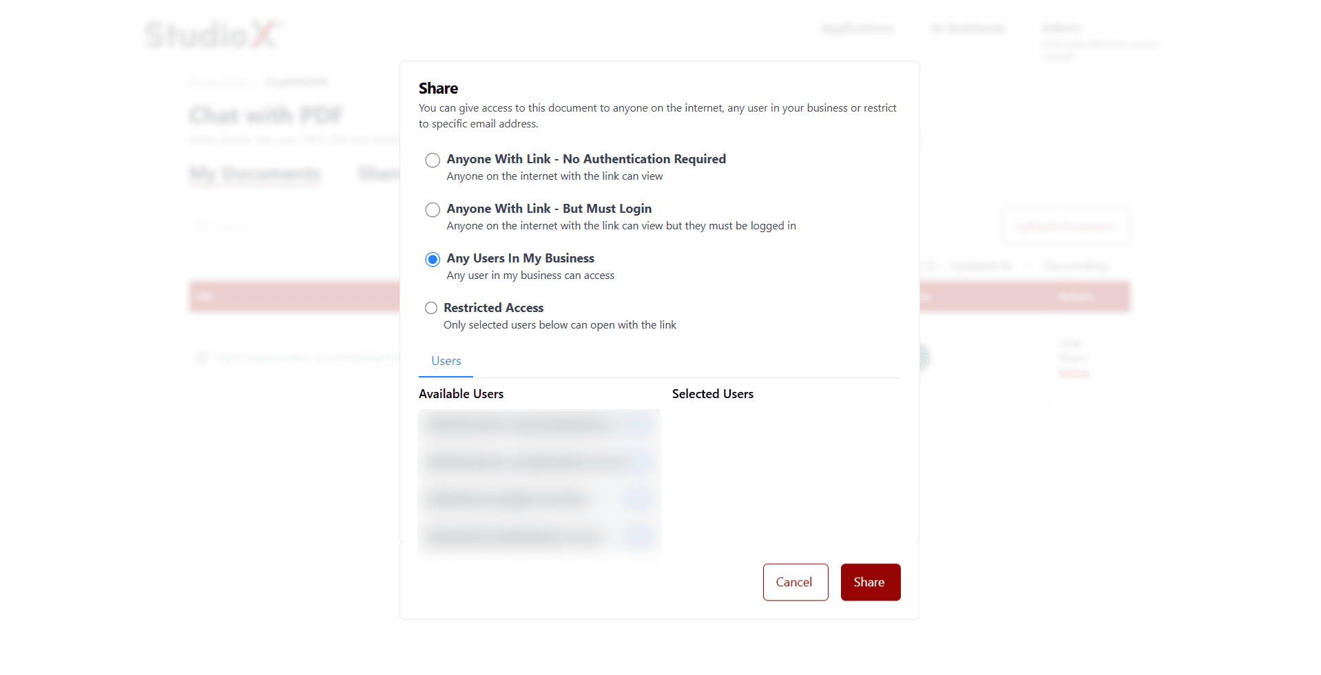Share dialog with access options