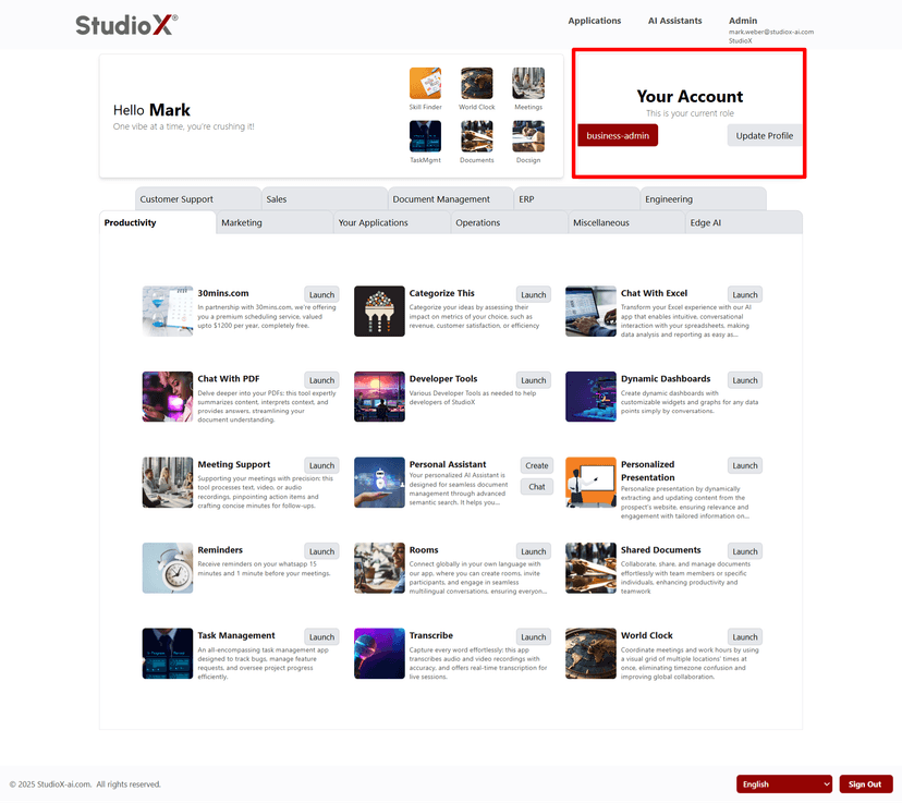 Your Account section showing role and profile access
