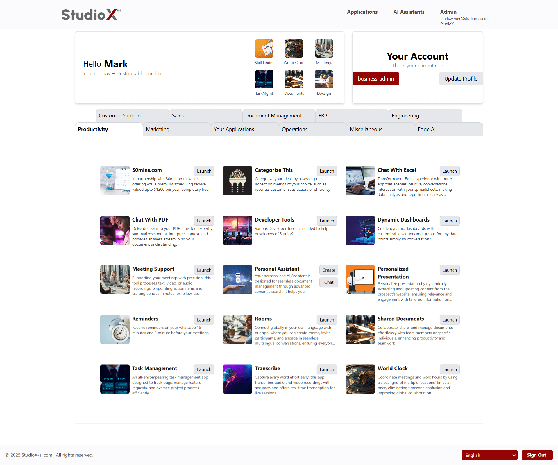 Welcome section with personalized greeting