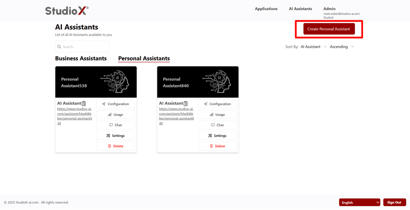 Create Personal Assistant button