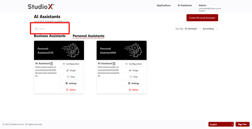 Search and sort functionality for personal assistants
