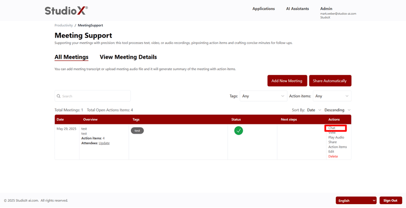 Chat button in actions