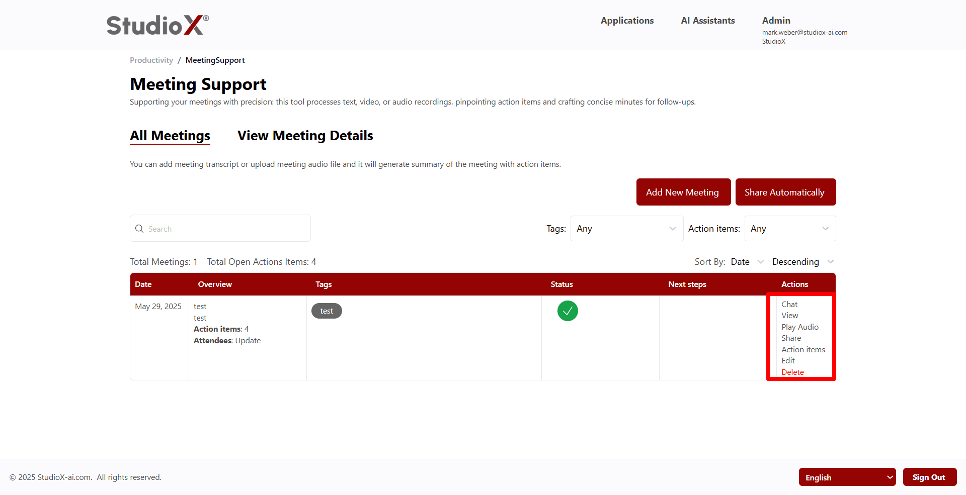 Meeting actions menu