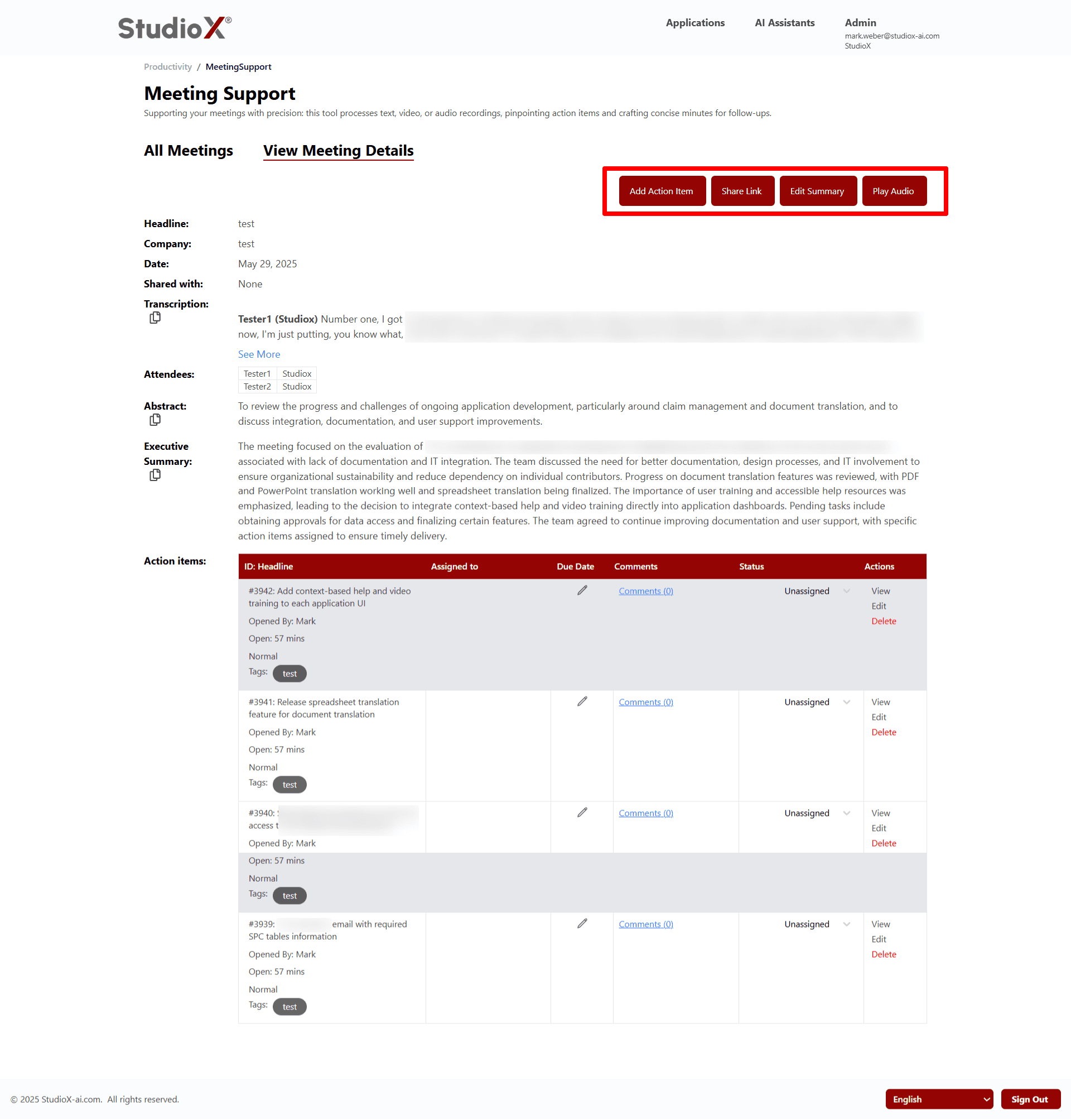 Meeting detail action buttons