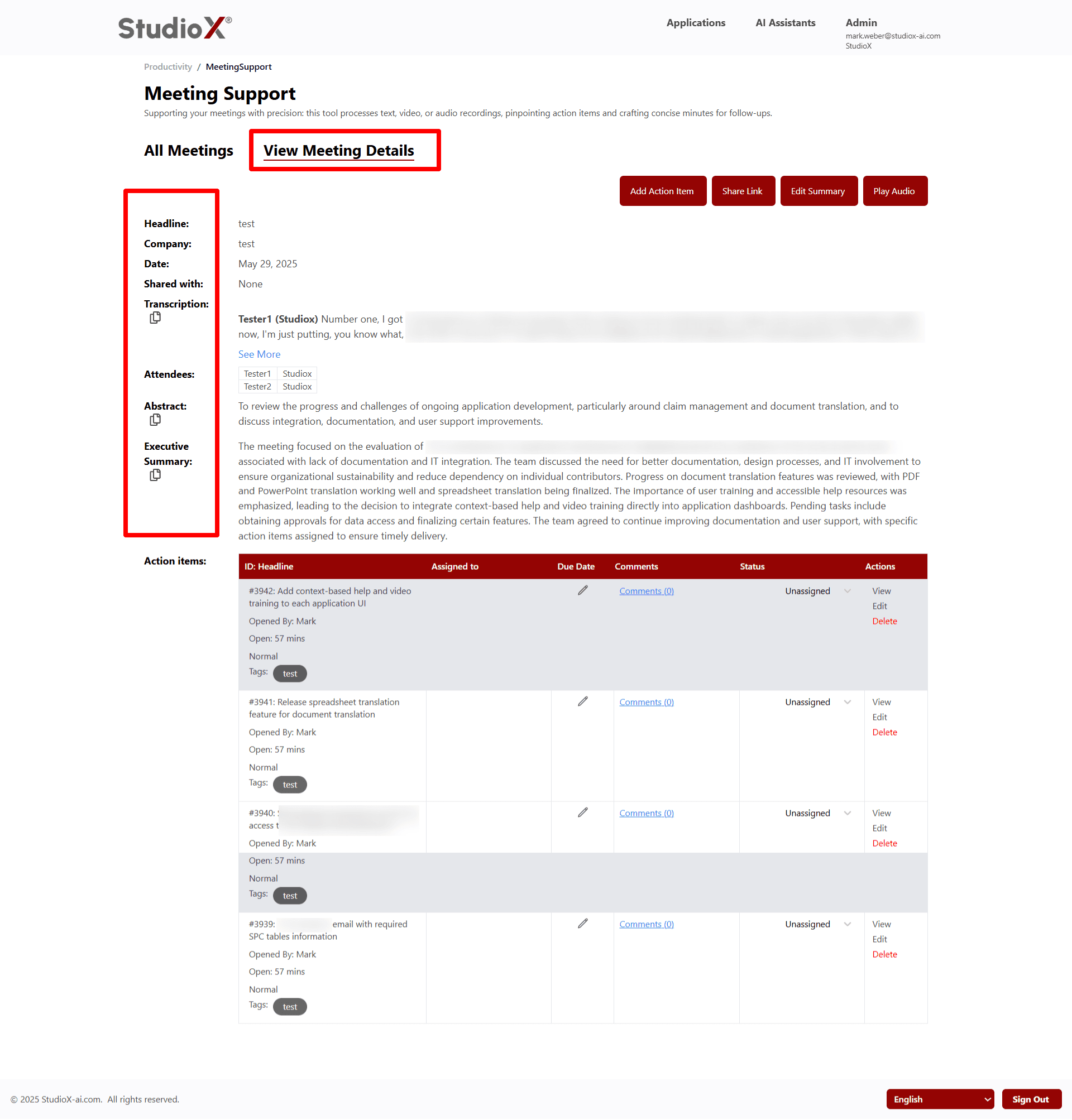 Meeting details view
