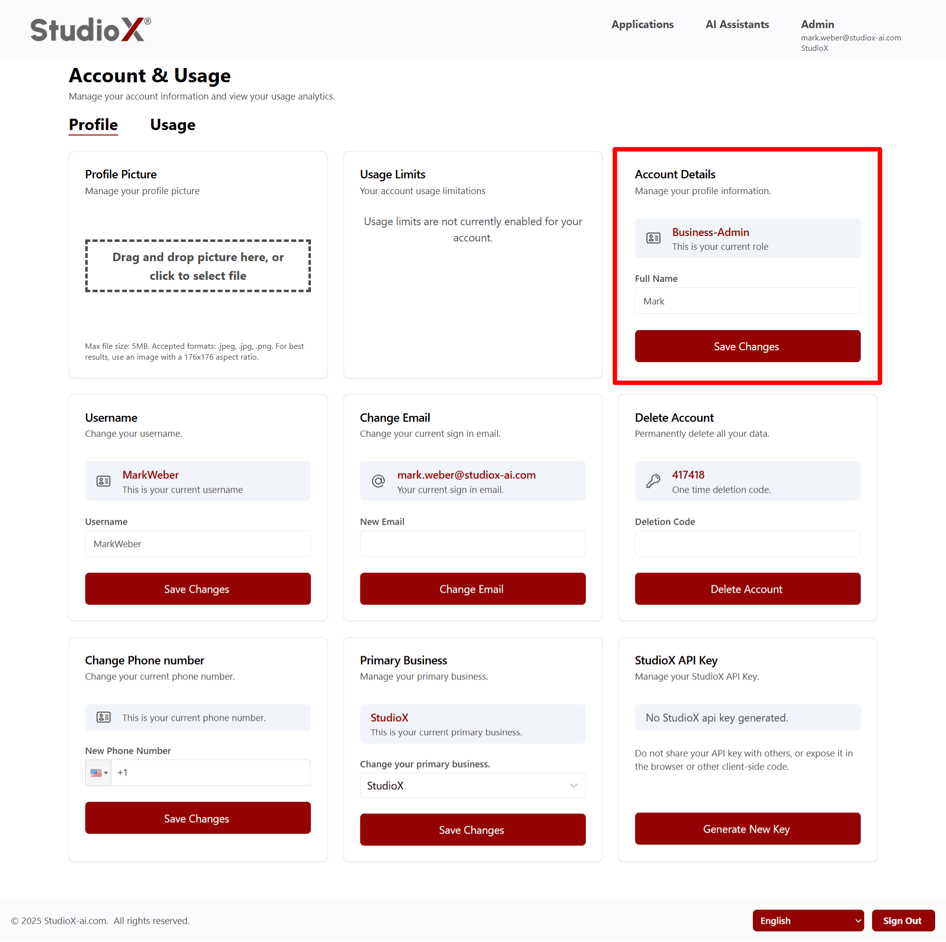 Account details section