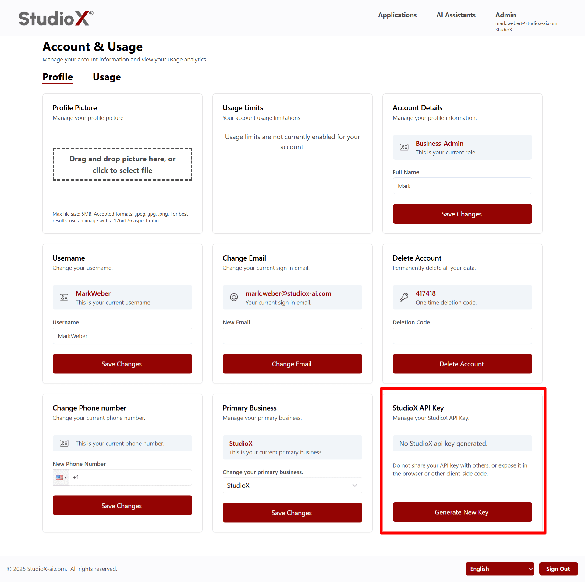 API key management section