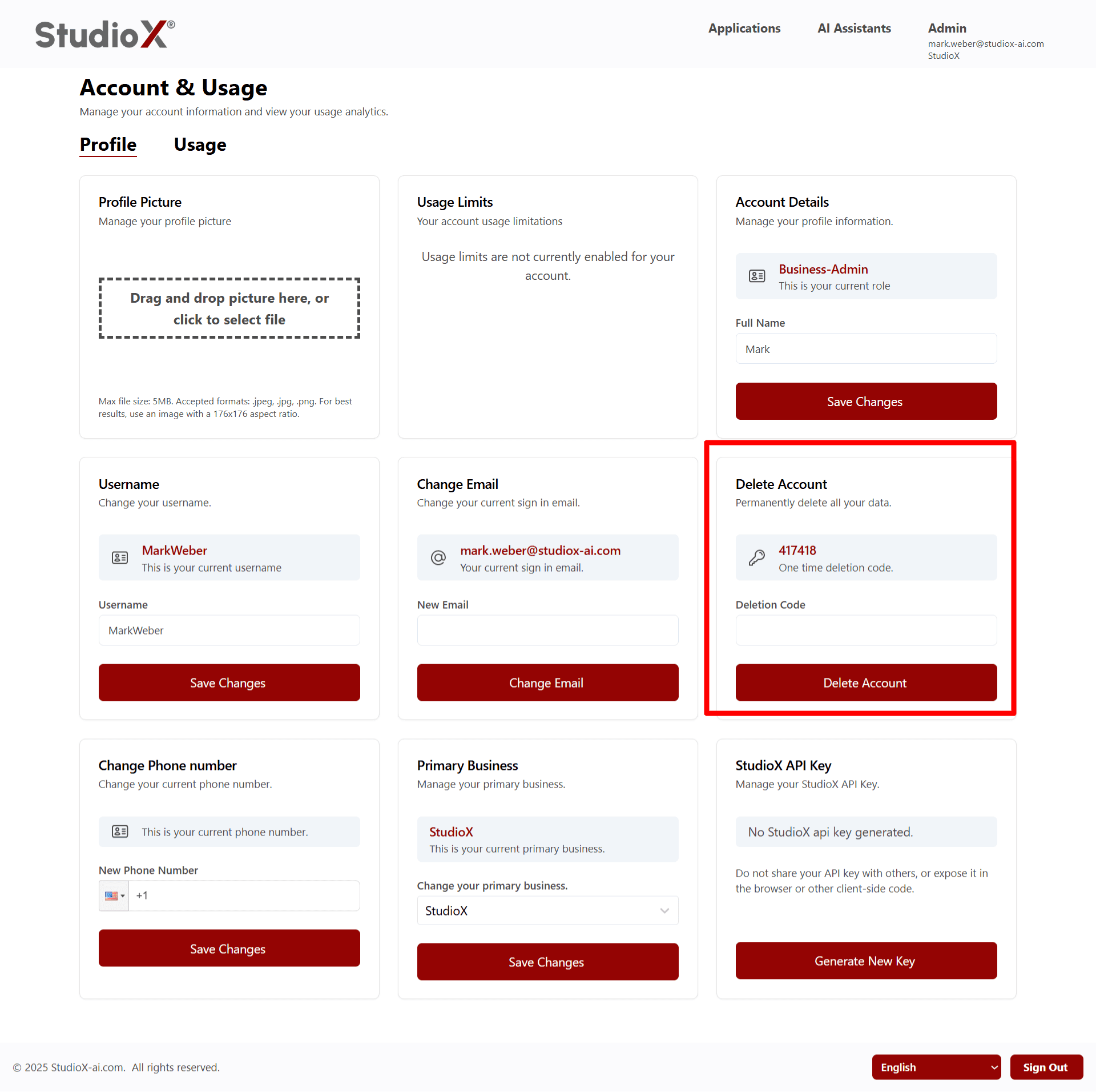 Account deletion section