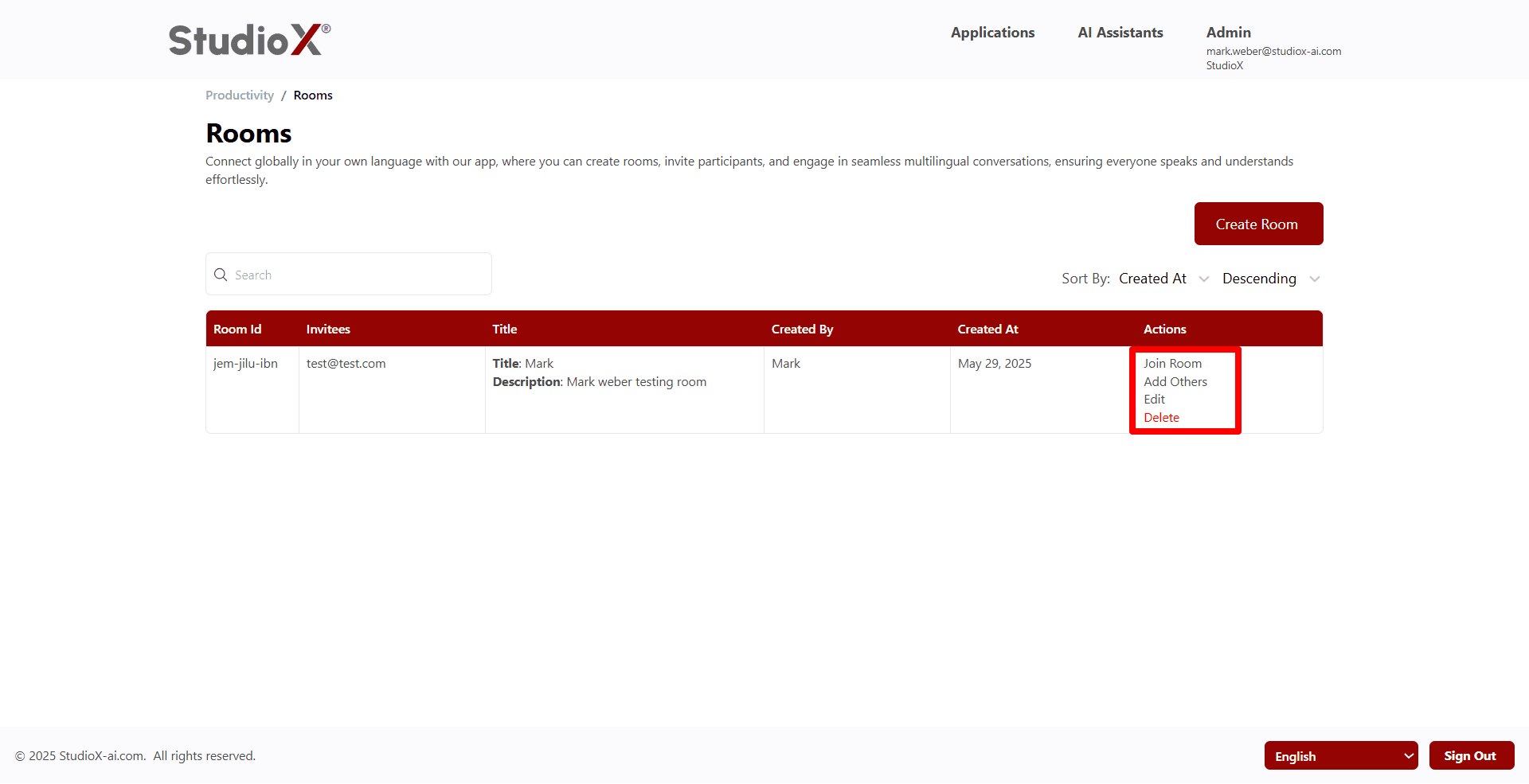 Rooms main interface